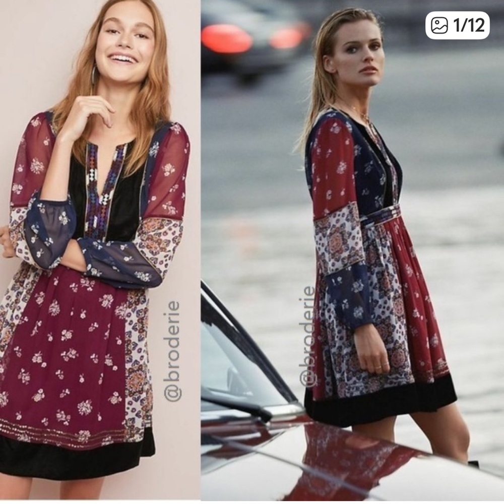 Anthropologie Maeve Quartier Velvet Mixed Print Babydoll Embroidered Dress,Small